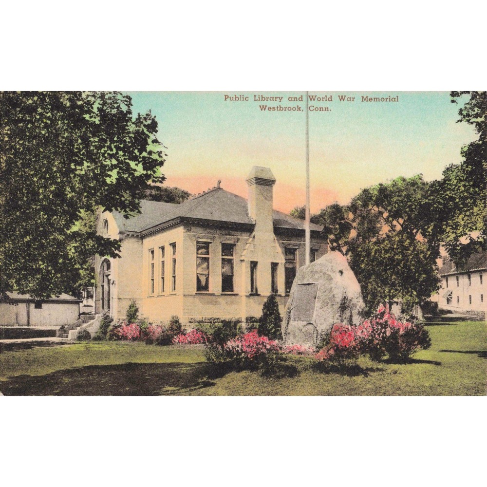 Vintage Westbrook CT Public Library World War Memorial Hand Colored Postcard VG